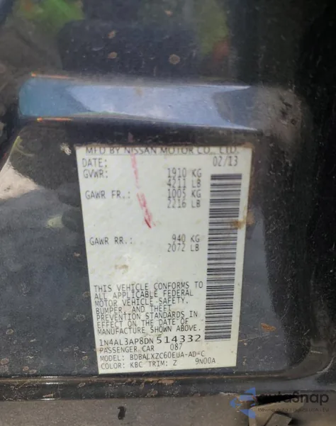 2013 Nissan Altima 2.5 из США, поврежденный, VIN 1N4AL3AP8DN514332